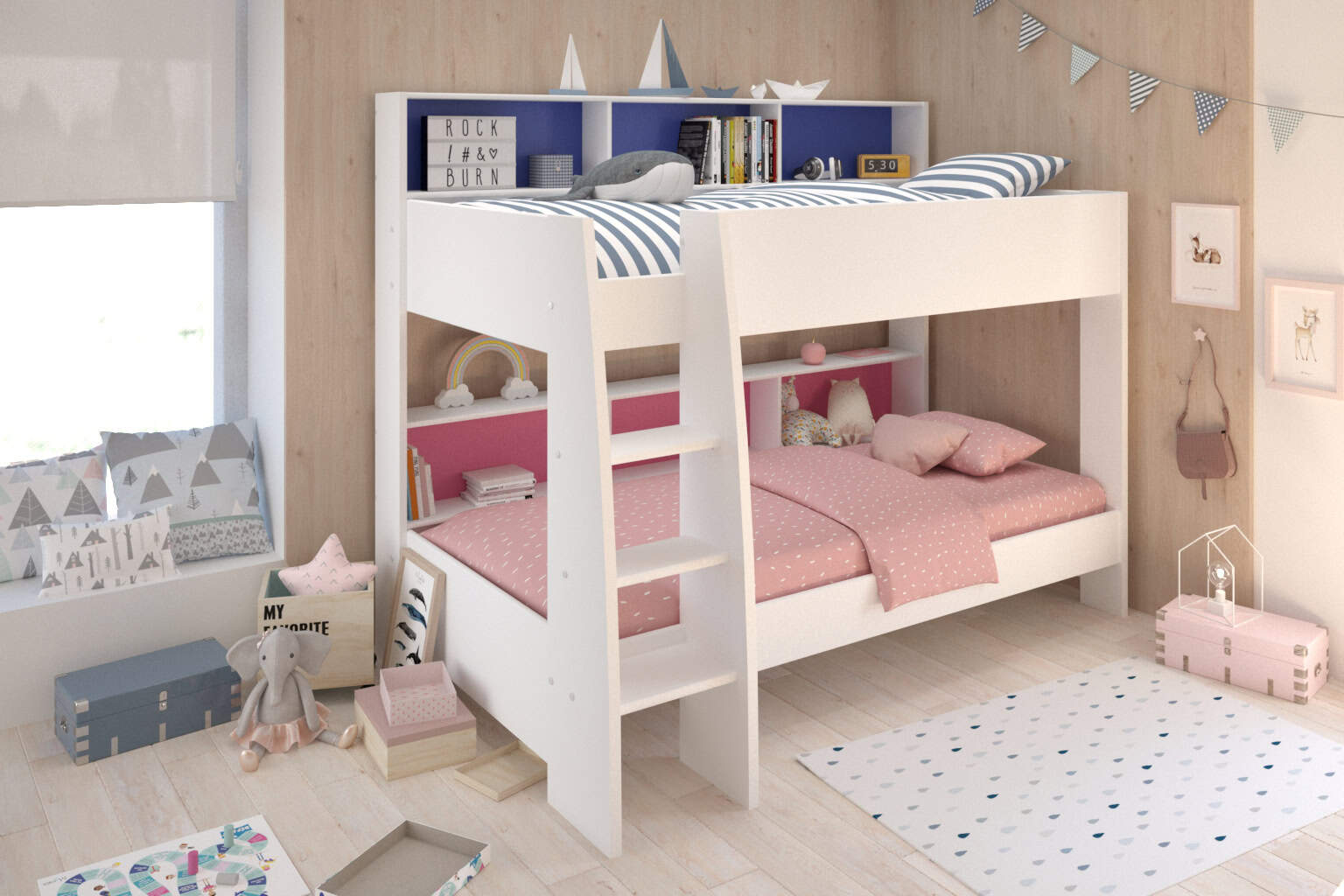 Parisot White Tam Tam Bunk Bed with Pink/Blue Shelves & Irish Made Mattresses