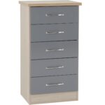 Nevada 5 Drawer Narrow Chest - Grey Gloss & Oak - Image 1