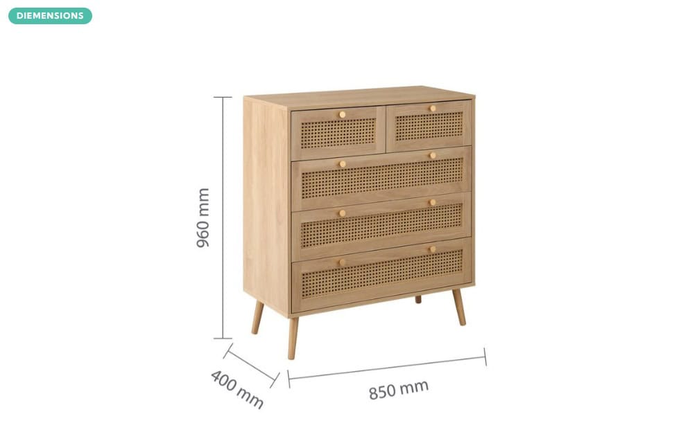 Croxley 5 Drawer Rattan Chest - Oak - Image 7