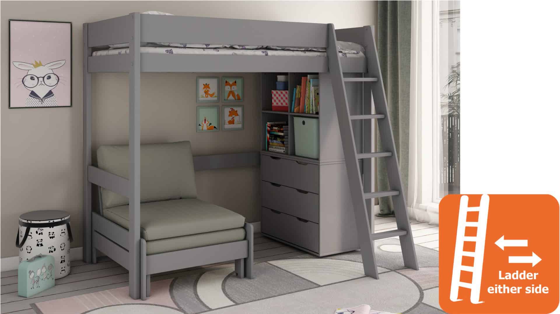 Kids Avenue Estella Grey Highsleeper with Silver Sofa Bed & Storage - Image 4