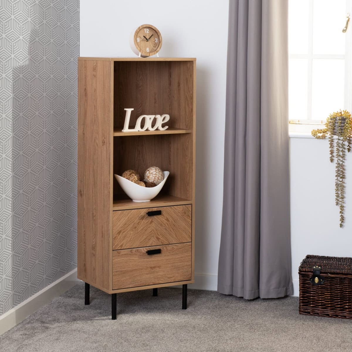 Leon 2 Drawer 2 Shelf Cabinet – Medium Oak Effect