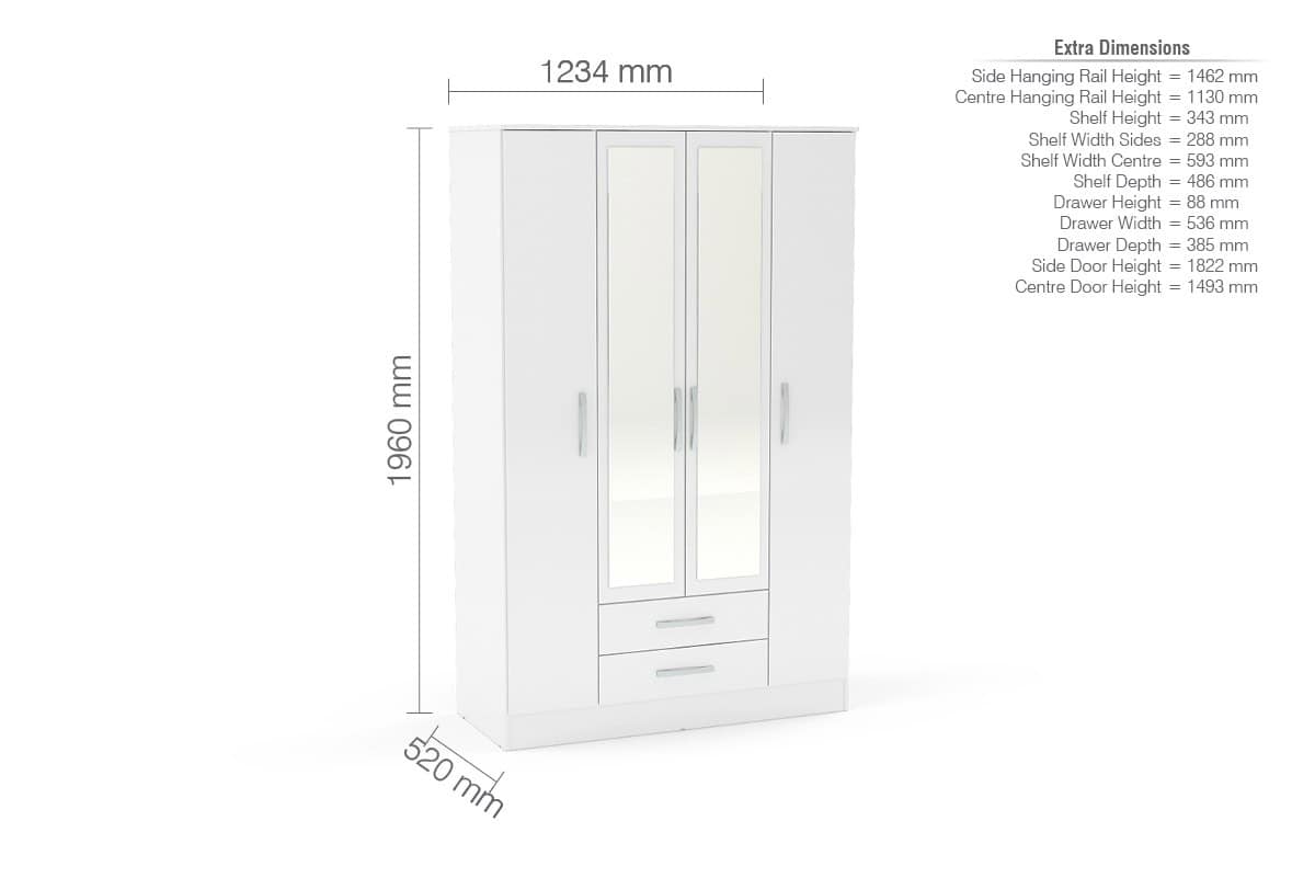 Lynx 4 Door 2 Drawer Wardrobe With Mirror - White - Image 3