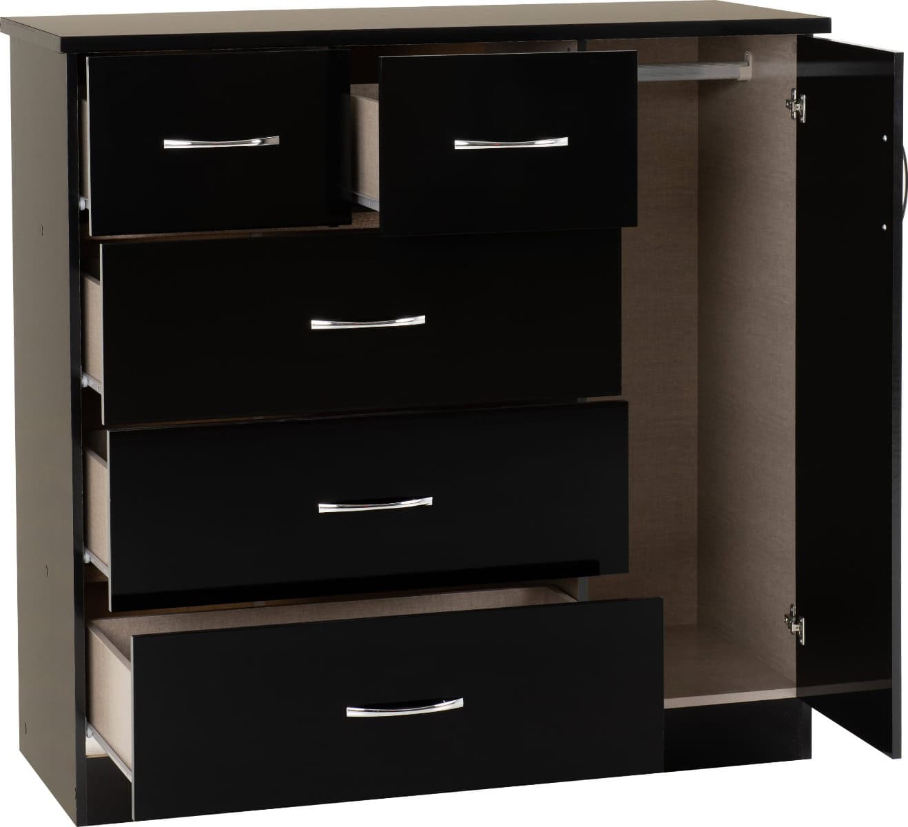 Nevada 5 Drawer Low Wardrobe - Black Gloss - Image 2
