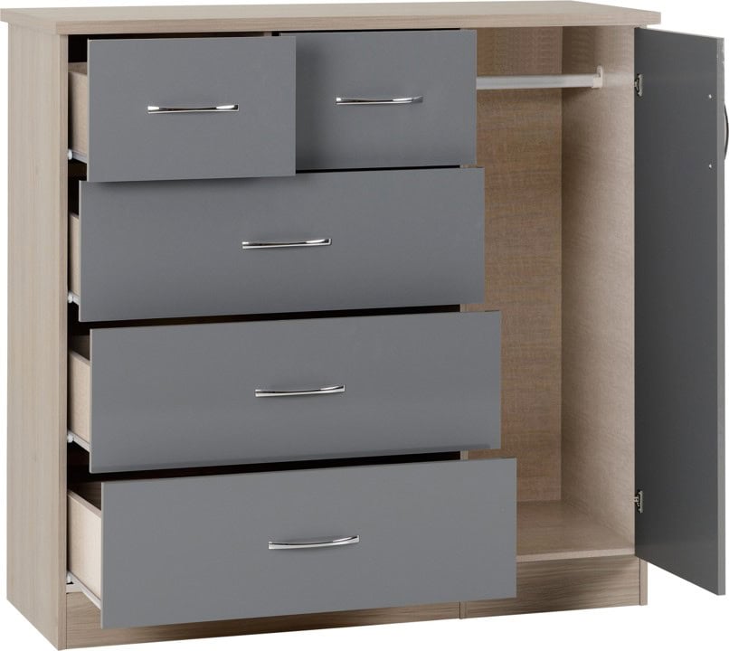Nevada 5 Drawer Low Wardrobe - Grey Gloss & Oak - Image 2
