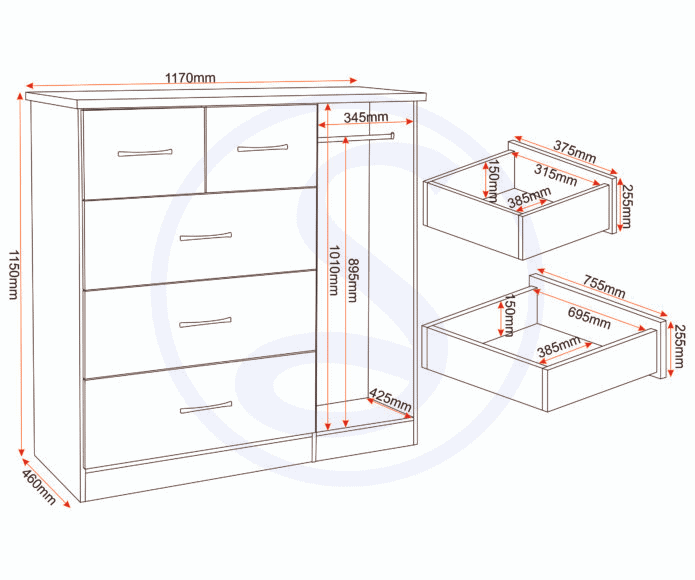 Nevada 5 Drawer Low Wardrobe - Grey Gloss & Oak - Image 5