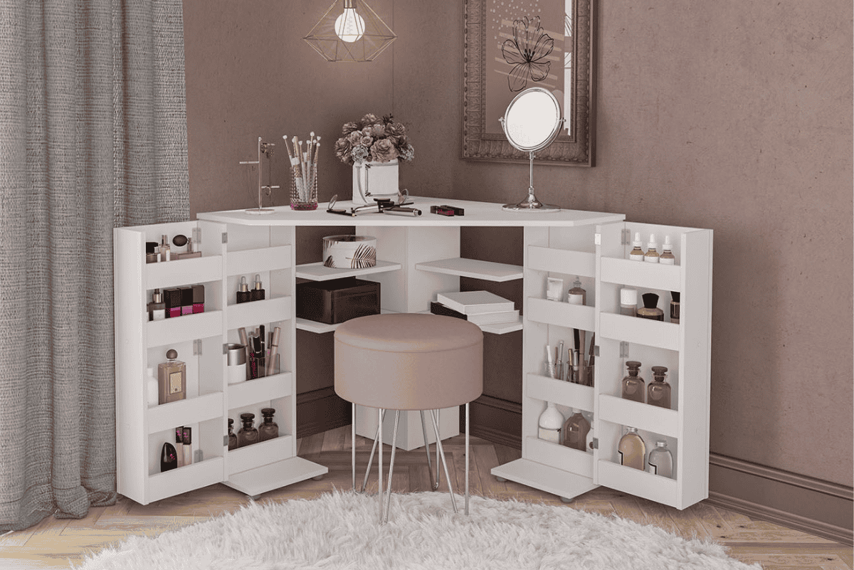 Olivia Corner Dressing Table with Storage - White - Image 2