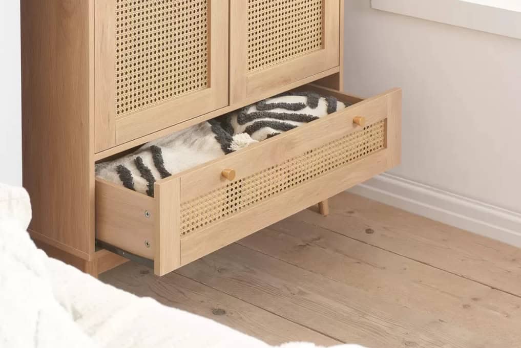 Croxley 2 Door 1 Drawer Rattan Wardrobe - Oak - Image 2