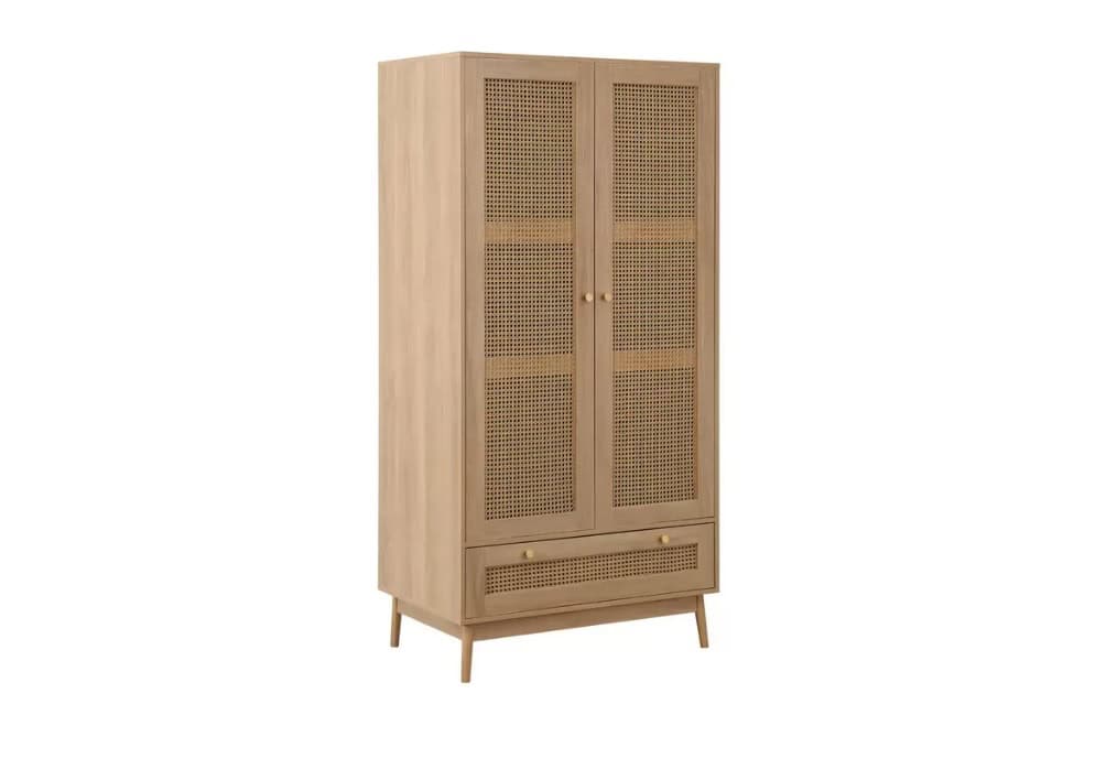Croxley 2 Door 1 Drawer Rattan Wardrobe - Oak - Image 4