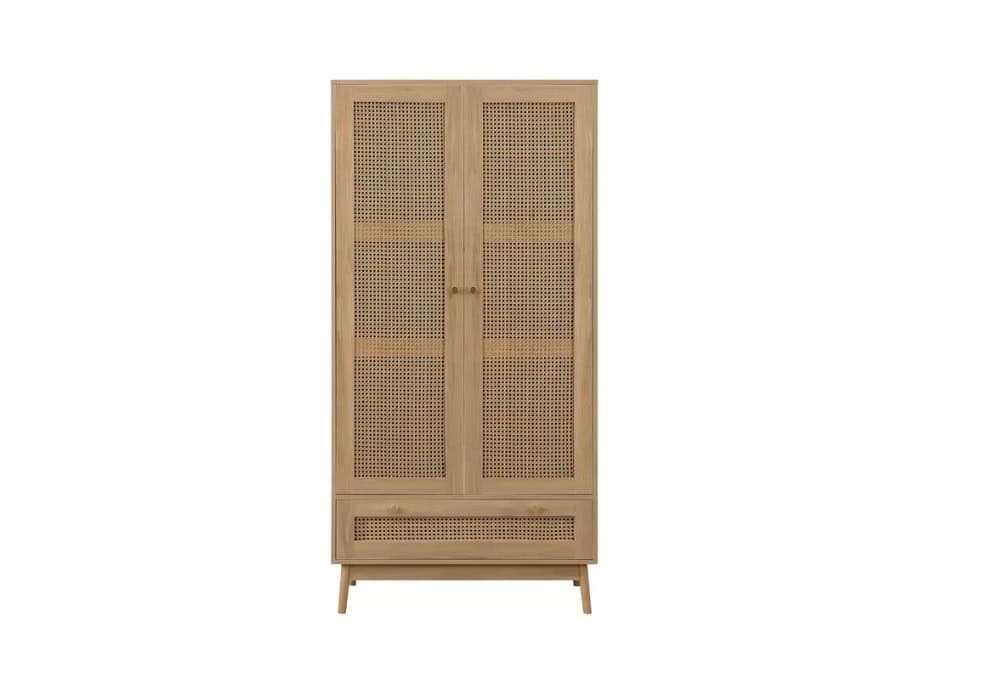 Croxley 2 Door 1 Drawer Rattan Wardrobe - Oak - Image 5