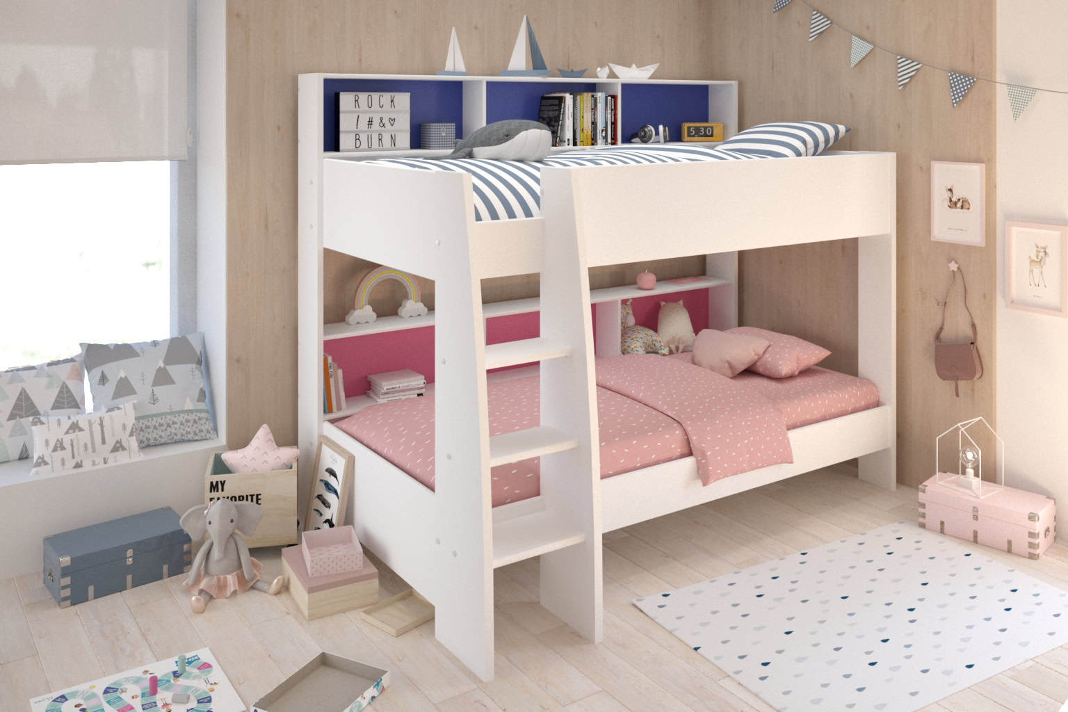 Parisot White Tam Tam Bunk Bed with Pink/Blue Shelves