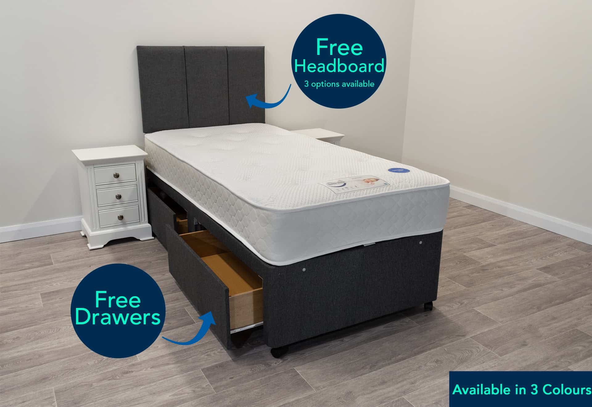 3ft Saturn Mattress with 2 FREE Drawers Base & Headboard