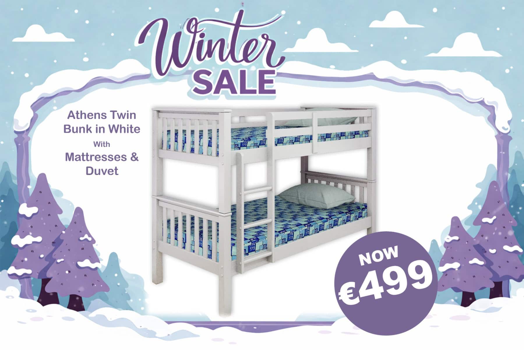 Athens Twin Bunk Bed in White with Mattresses & Duvets - Image 4