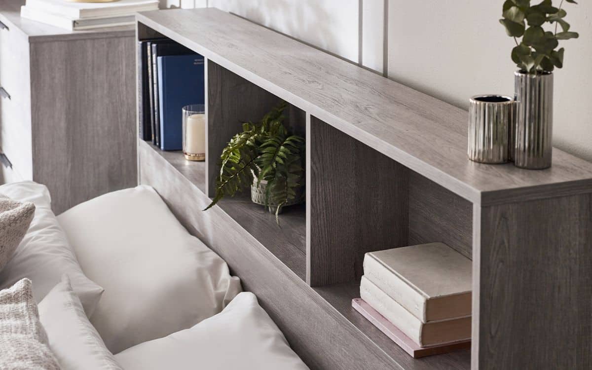 Batu 4ft6 Bookcase Headboard Ottoman Bed - Grey Oak - Image 5
