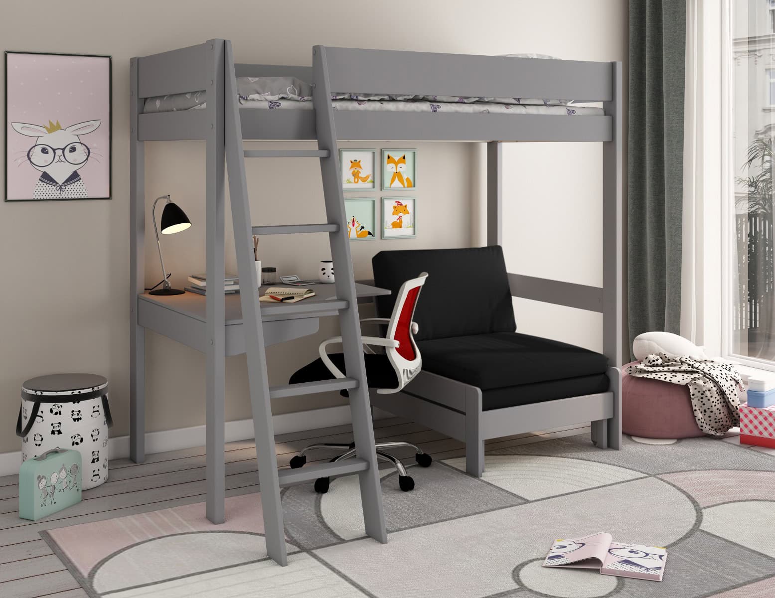 Kids Avenue Estella Grey Highsleeper with Black Sofa Bed & Desk