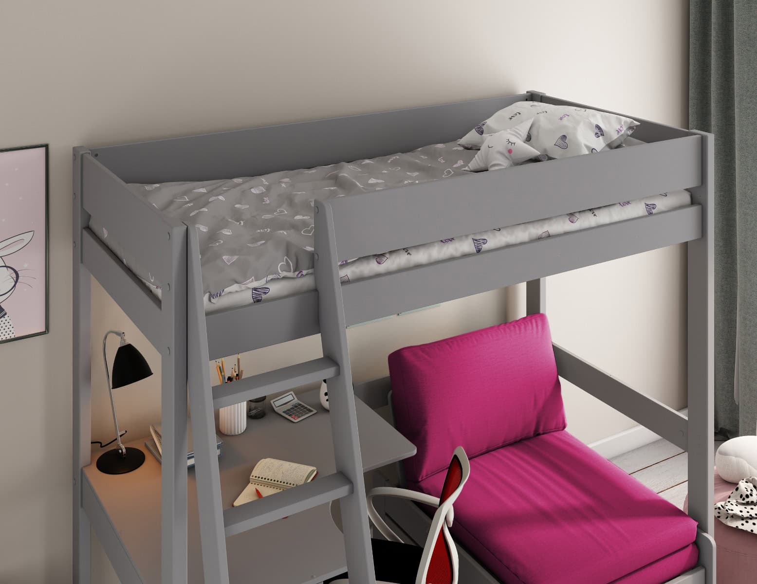 Kids Avenue Estella Grey Highsleeper with Pink Sofa Bed & Desk - Image 3