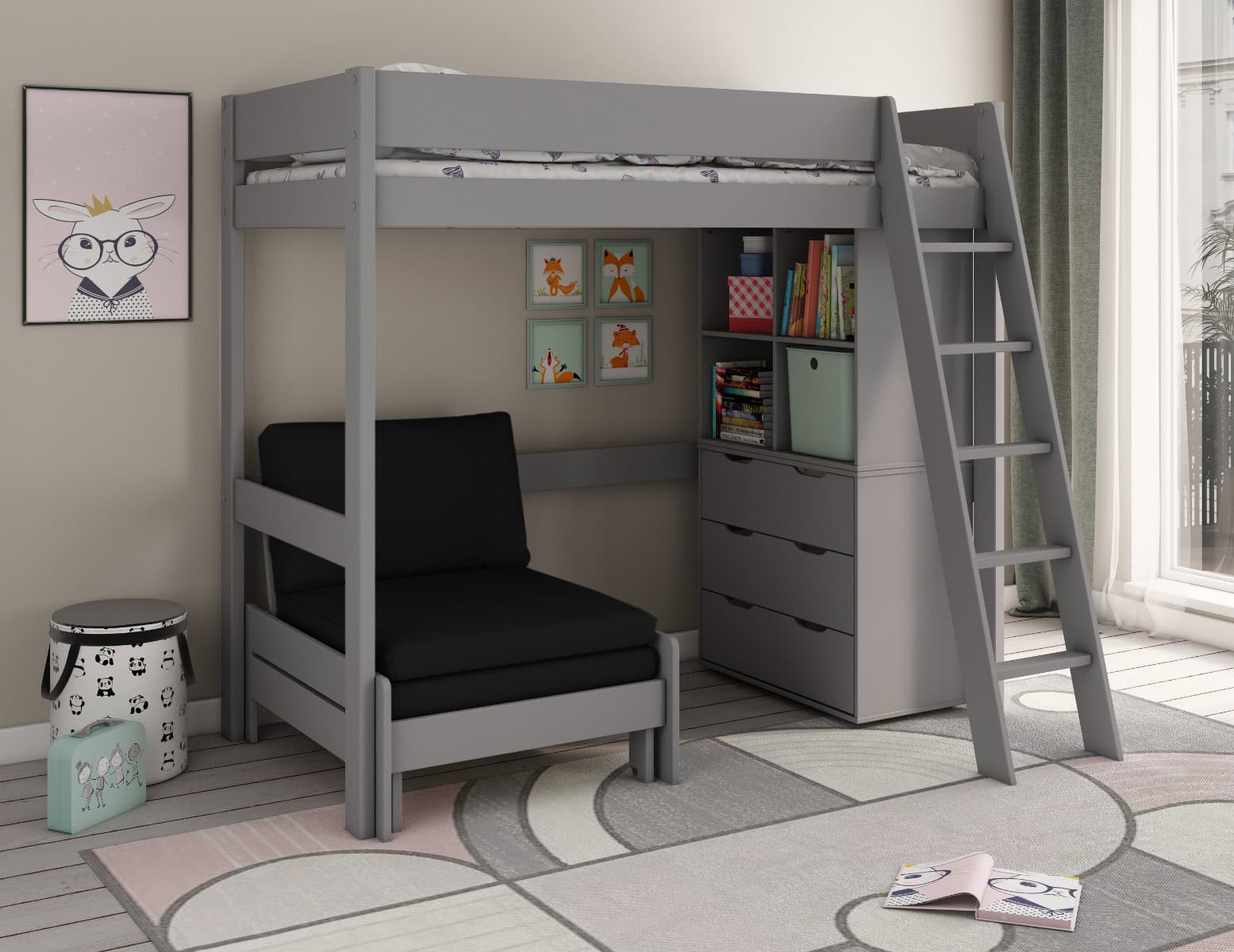 Kids Avenue Estella Grey Highsleeper with Black Sofa Bed & Storage