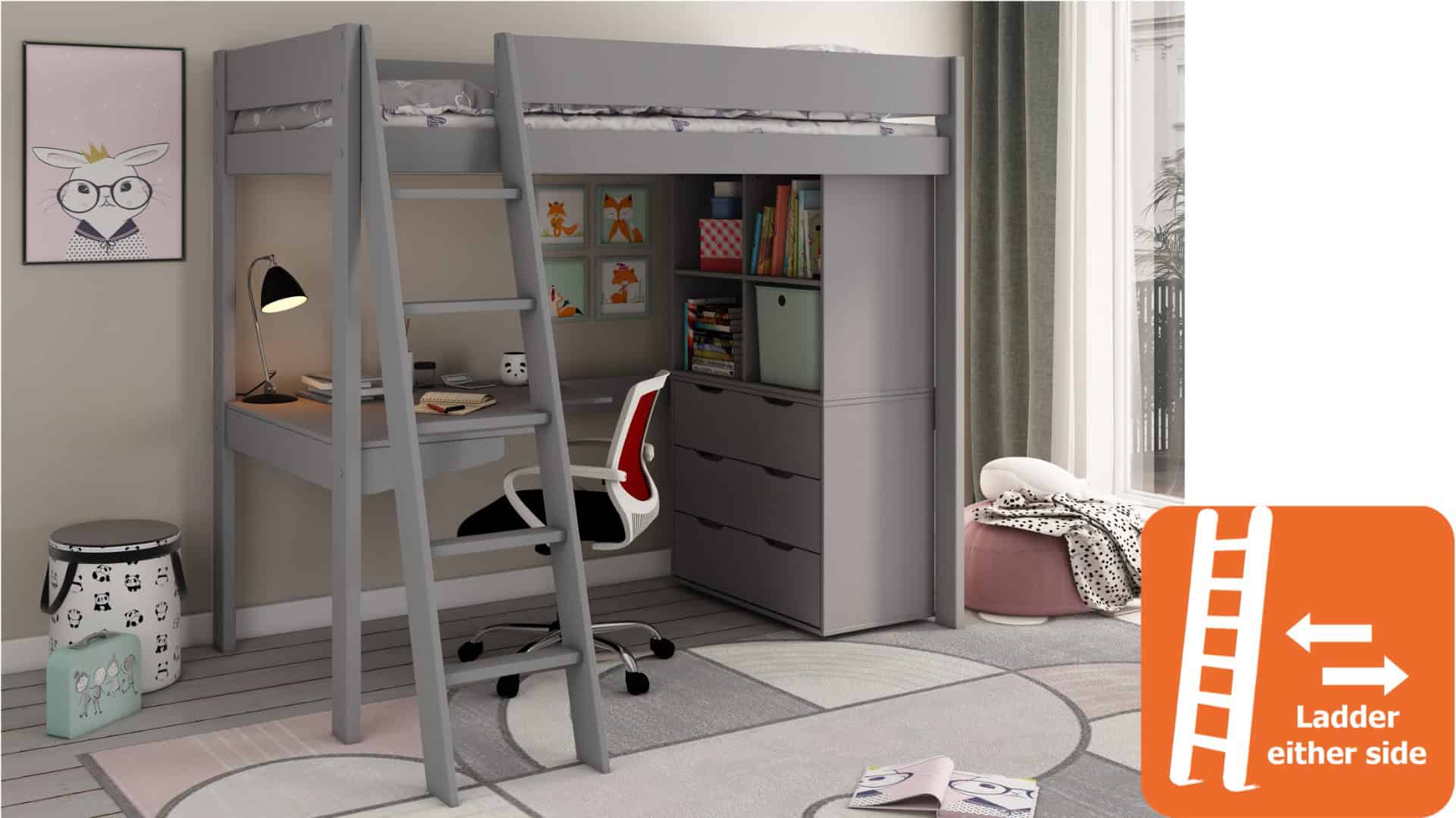 Kids Avenue Estella Grey Highsleeper with Desk & Storage - Image 4