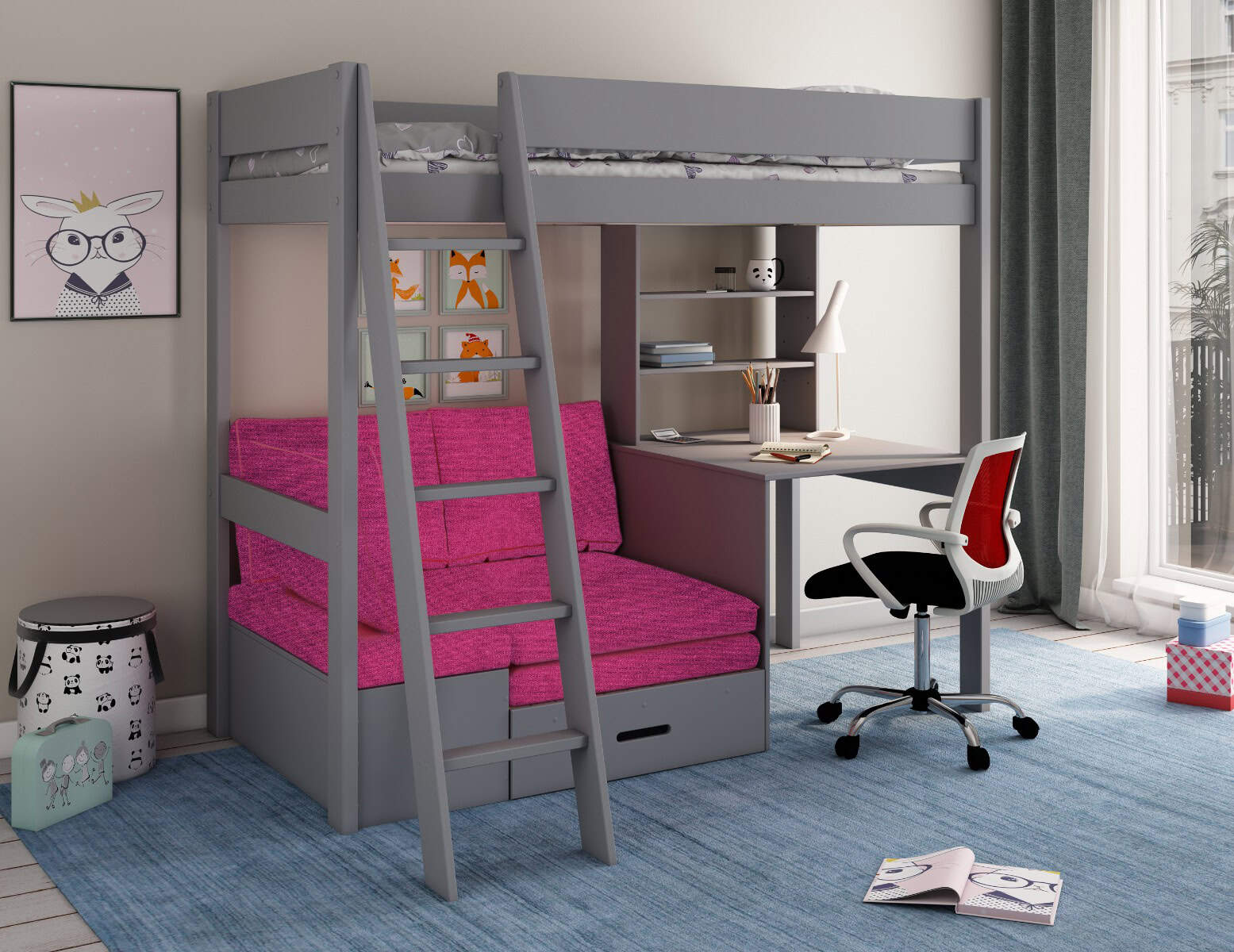 Kids Avenue Estella Grey Highsleeper with Pink Sofa Bed