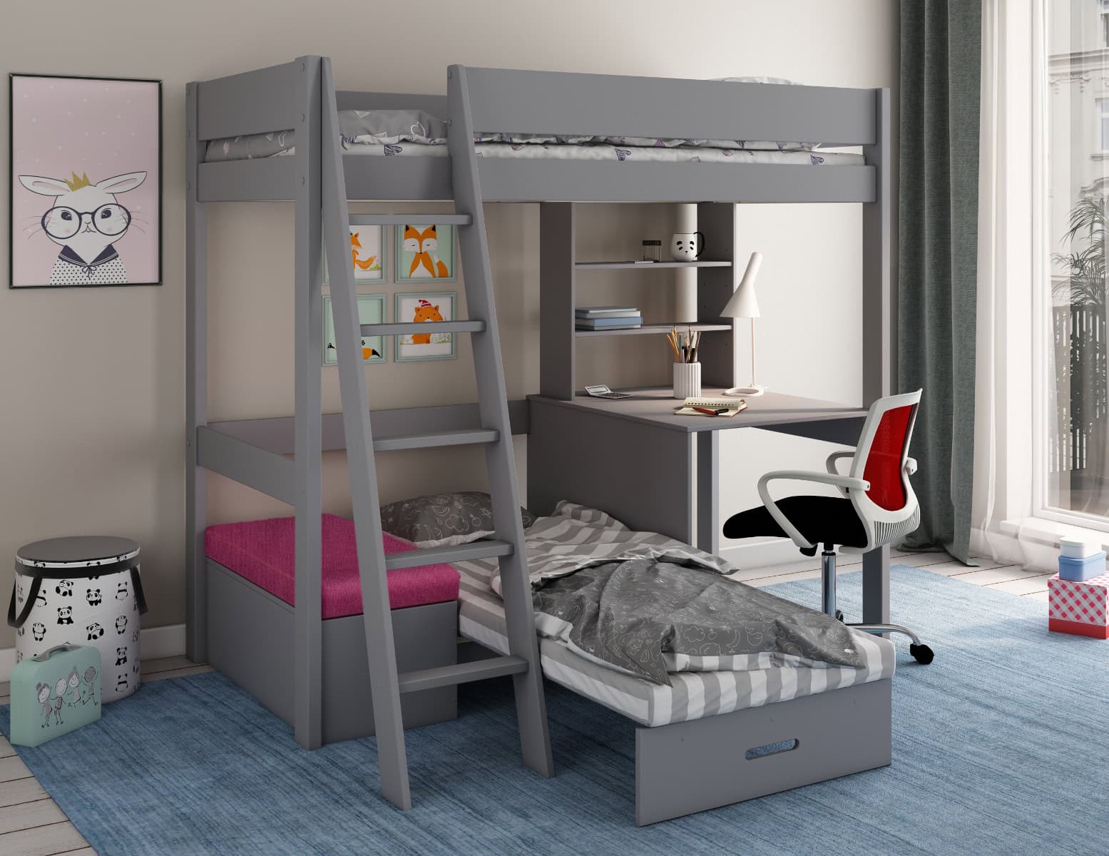 Kids Avenue Estella Grey Highsleeper with Pink Sofa Bed - Image 2