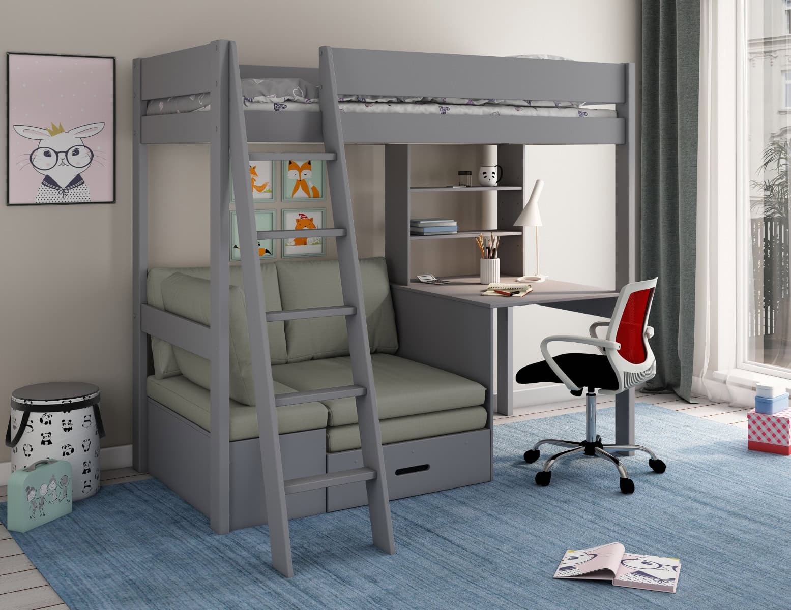 Kids Avenue Estella Grey Highsleeper with Silver Sofa Bed