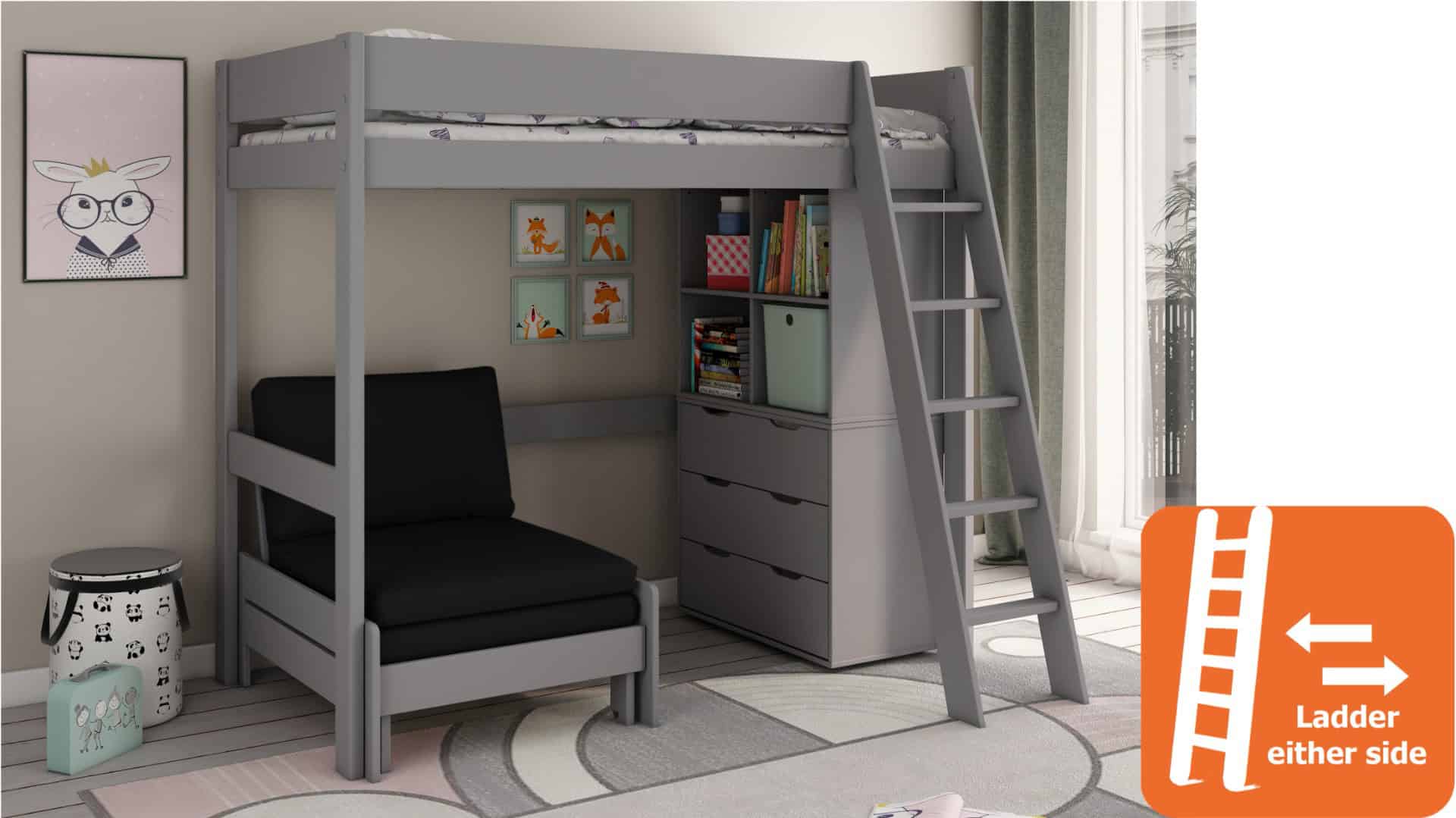 Kids Avenue Estella Grey Highsleeper with Black Sofa Bed & Storage - Image 4