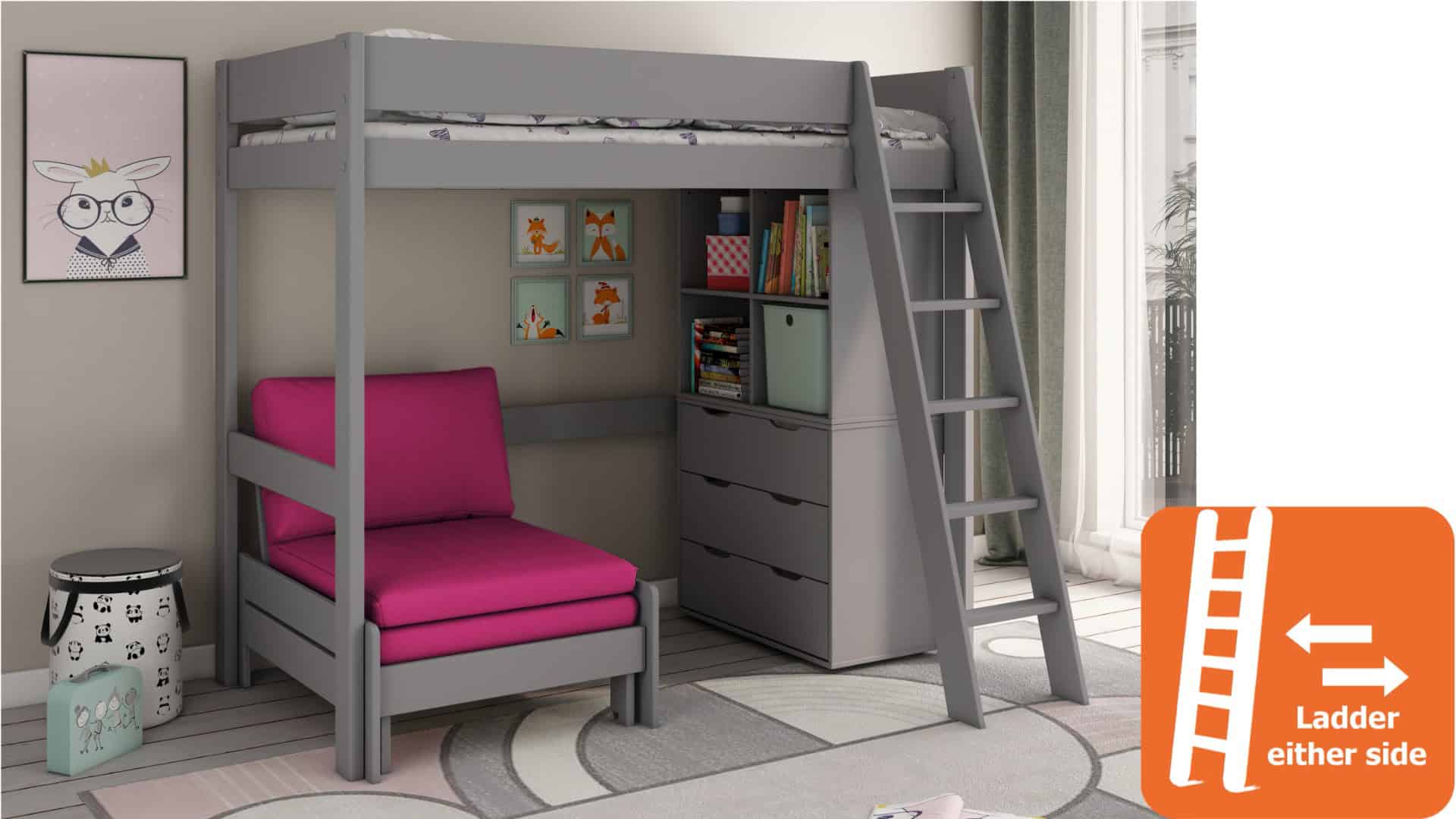 Kids Avenue Estella Grey Highsleeper with Pink Sofa Bed & Storage - Image 4