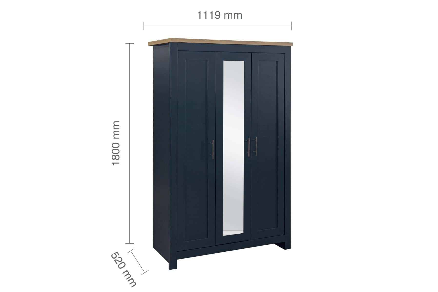 Highgate 3 Door Wardrobe with Mirrored Door - Navy & Oak - Image 6