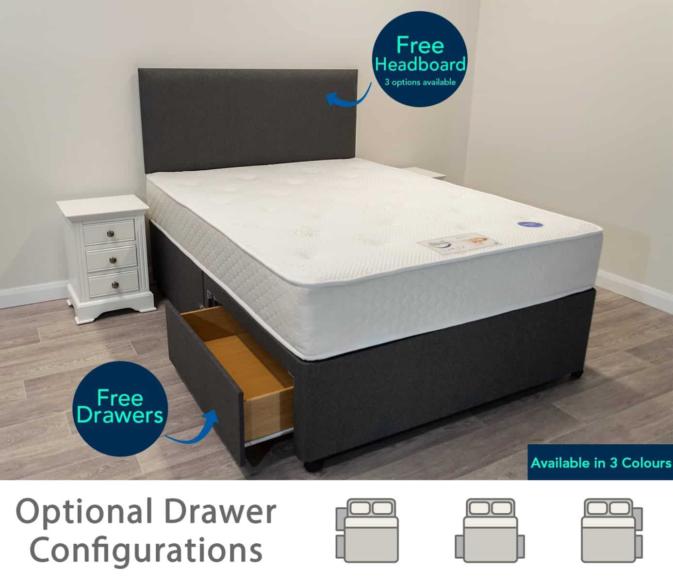 4ft6 Saturn Mattress with 2 FREE Drawers Base & Headboard - Image 4