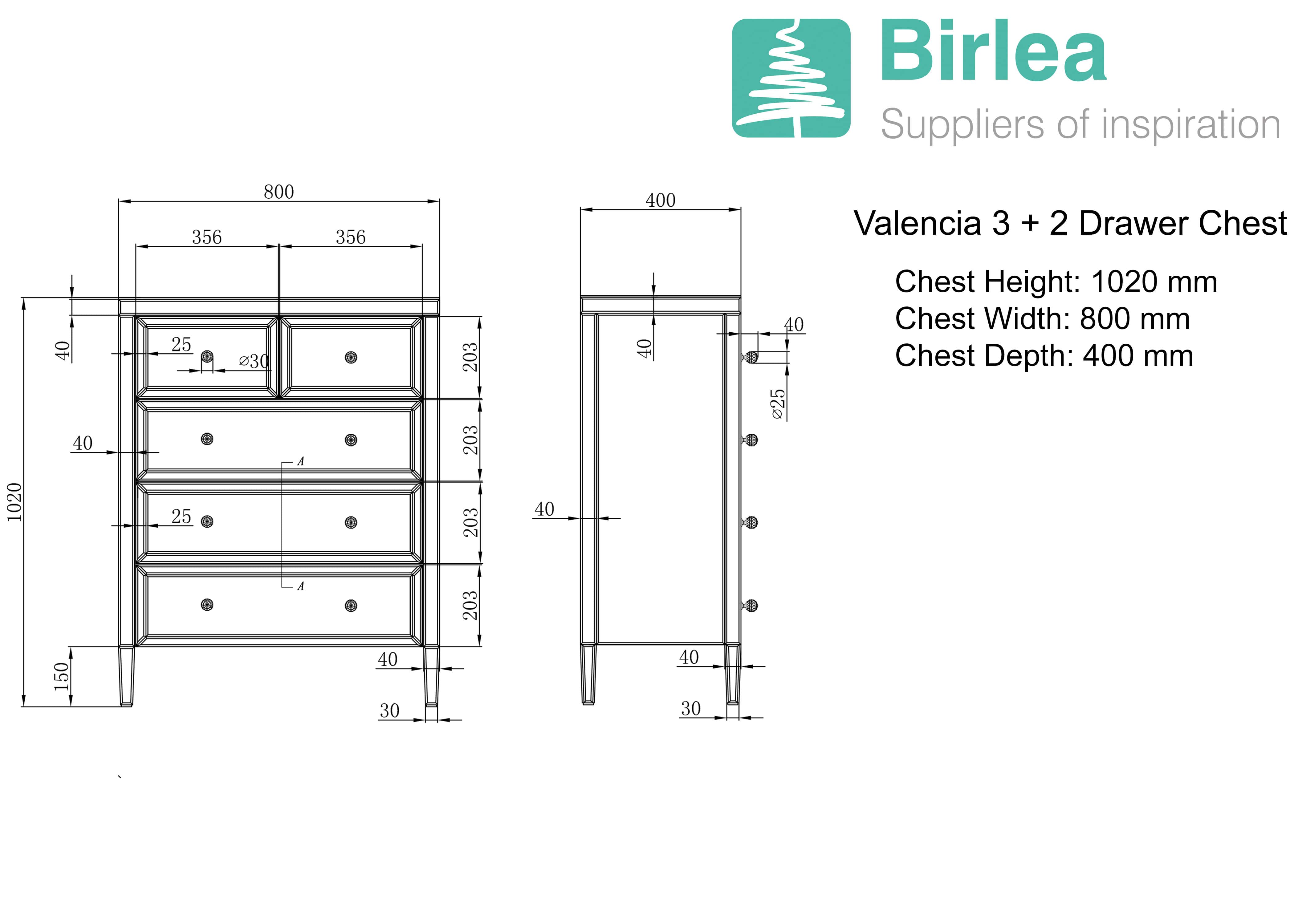 Valencia Mirrored 3+2 Drawer Chest - Image 4