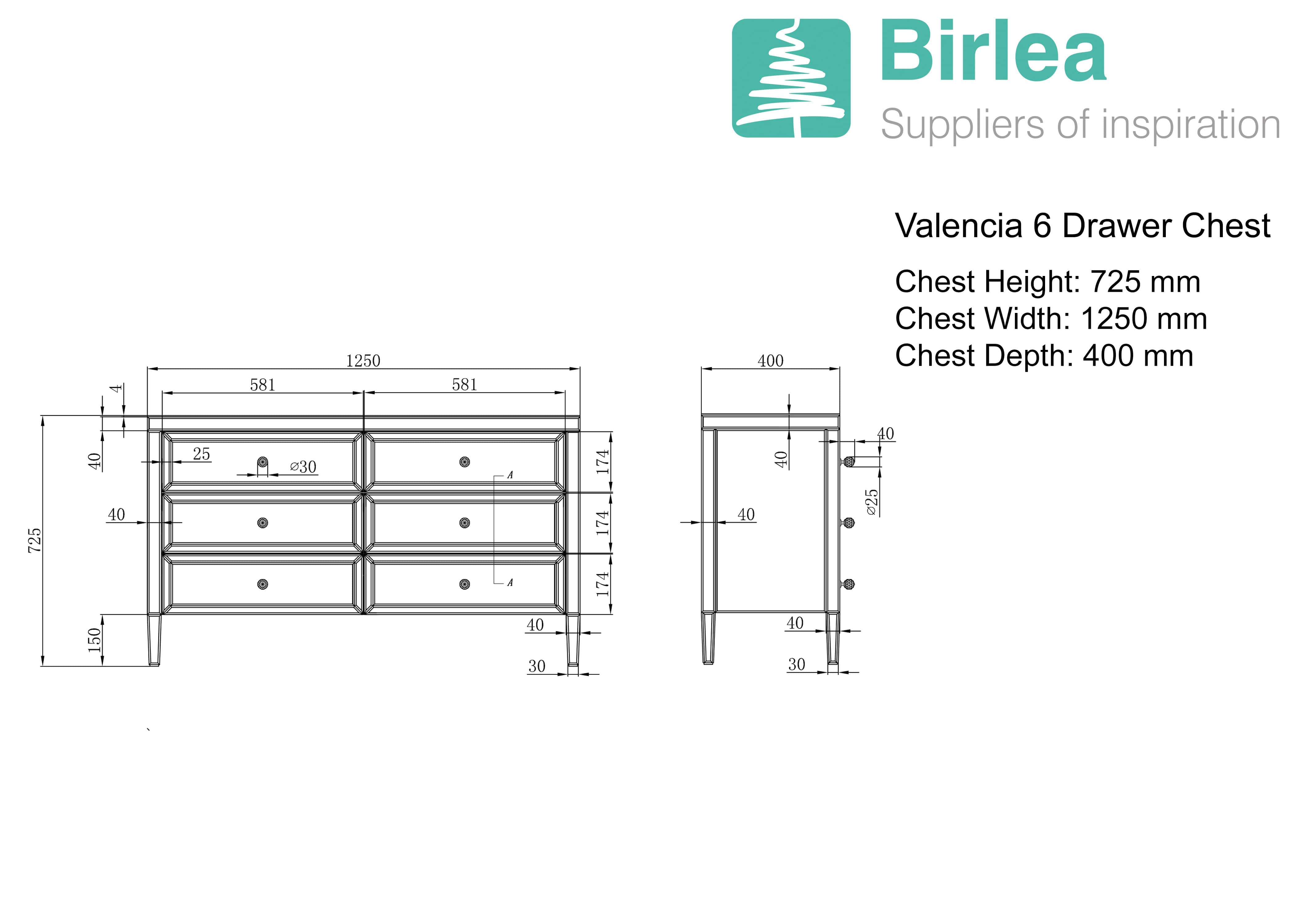 Valencia Mirrored 6 Drawer Chest - Image 4