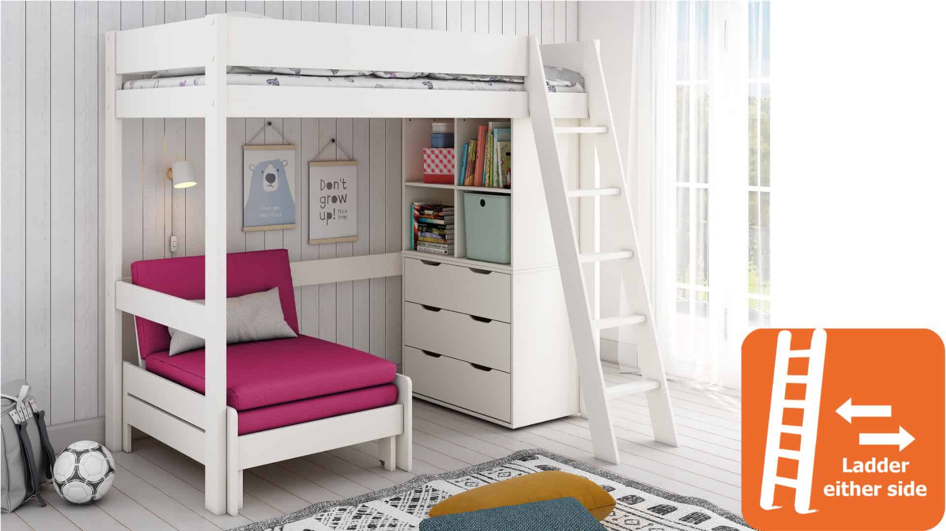 Kids Avenue Estella White Highsleeper with Pink Sofa Bed & Storage - Image 4